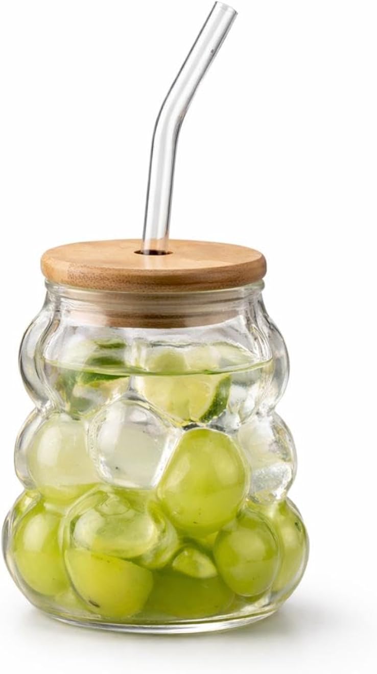 كوب زجاجي فقاعي بغطاء من الخيزران وماصة زجاجية قابلة لإعادة الاستخدام - وعاء أنيق للمشروبات الباردة والعصائر والقهوة المثلجة - تصميم جذاب - 380 مل